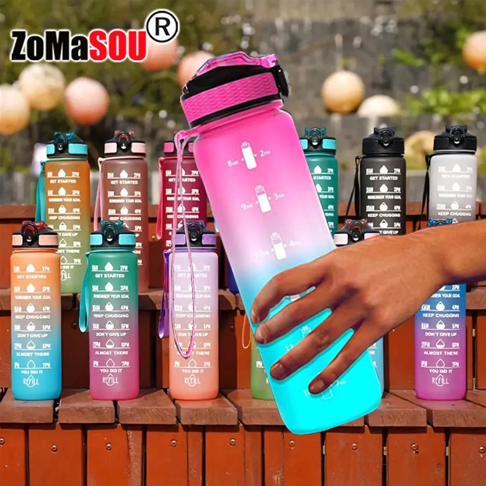 1000ml Sports Bottlewith Time Marker Gradient Color Motivational Bottle Portable Leakproof For Fitness Outdoor Office Travel Gym