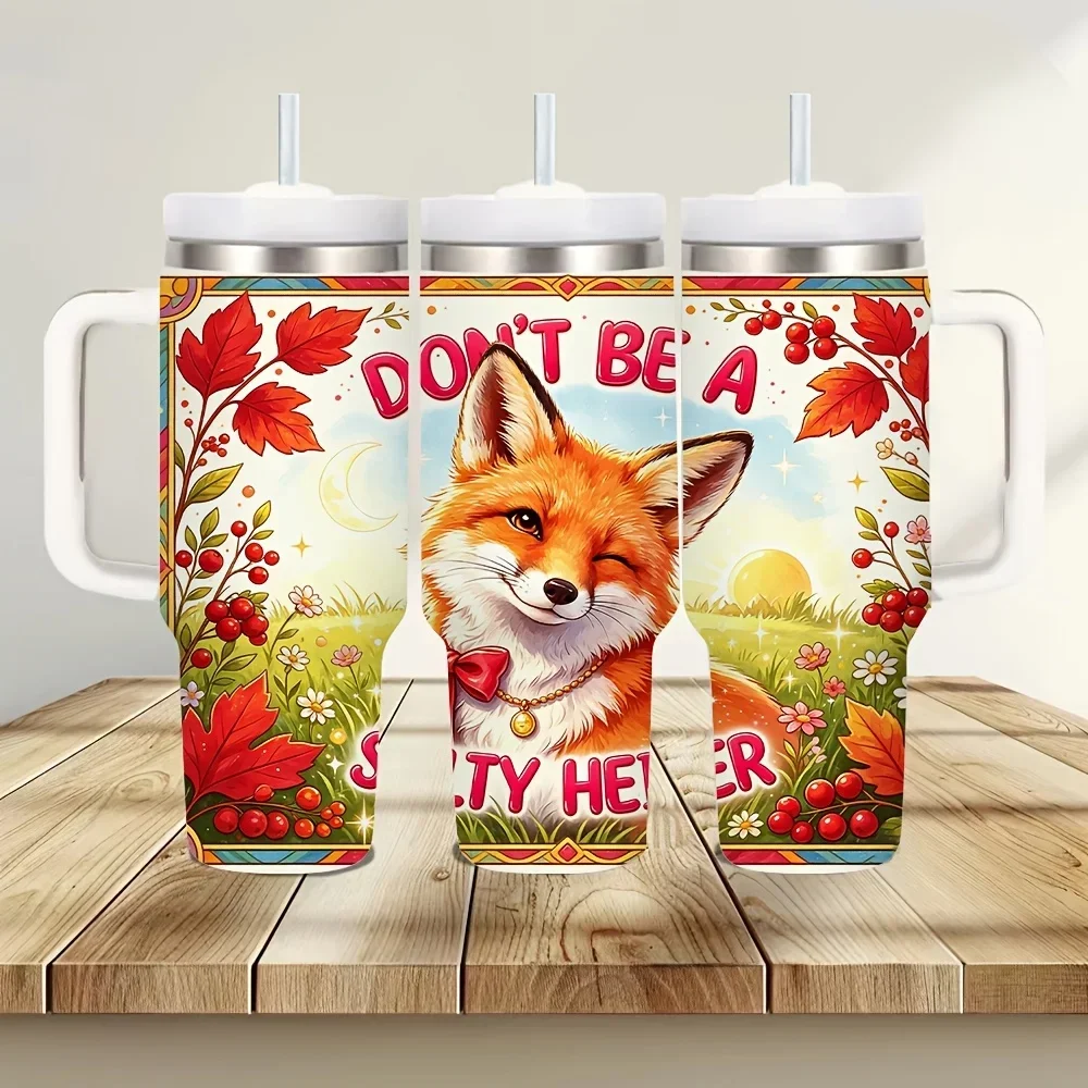 40oz Insulated Tumbler with Handle, Cute Foxy Autumn Berry Print, Keeps Drinks Cold And Hot, Great for Daily Use Outdoor Activities for Autumn Enthusiasts