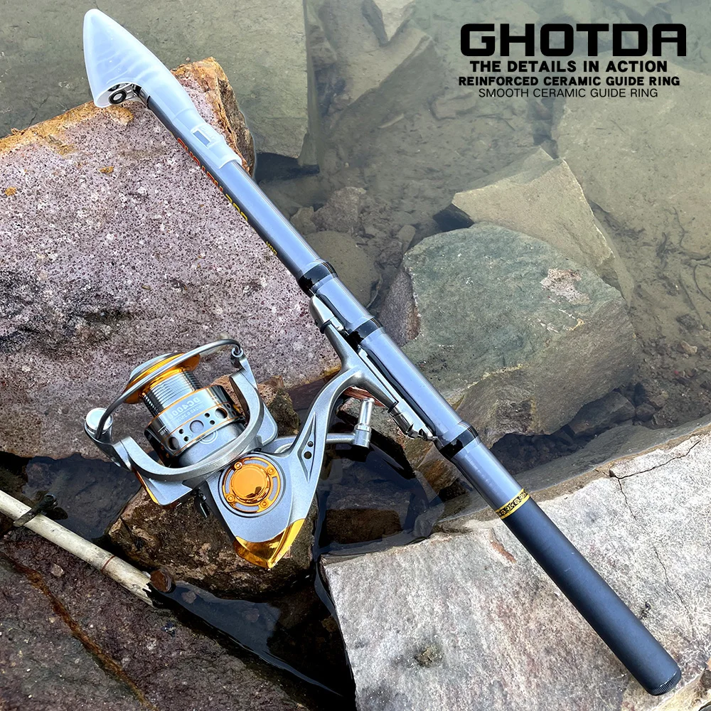 GHOTDA Carbon Fiber Short Telescopic Rock Fishing Rod and Spinning Fishing Reel Combo Full Kit Fishing Tackle Fishing Gear Set