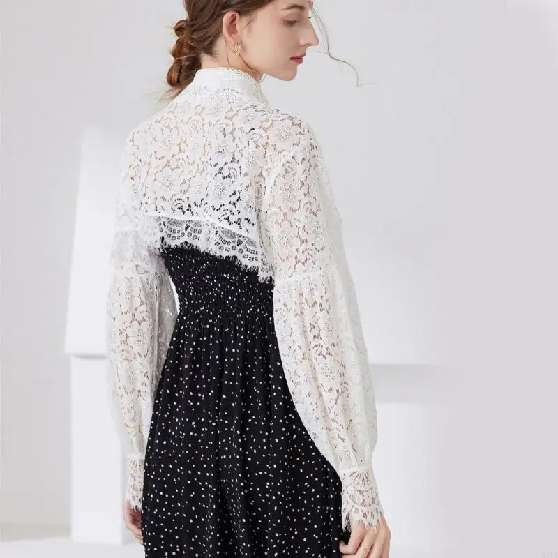 N7YE Nữ Tay Dài Phối Nút Cổ Hở Phía Trước Áo Len Nhún Vai