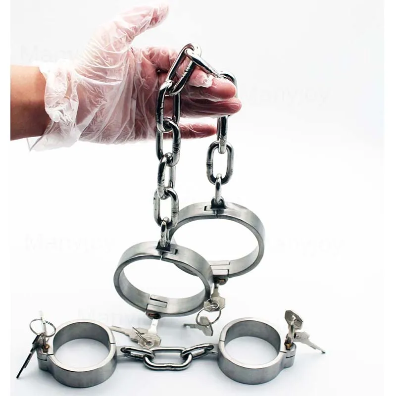 Heavy Stainless Steel Slave Wrist Handcuffs Ankle Cuffs Choking Neck Collar Detachable chain Shackles Bondage BDSM Lock Toys