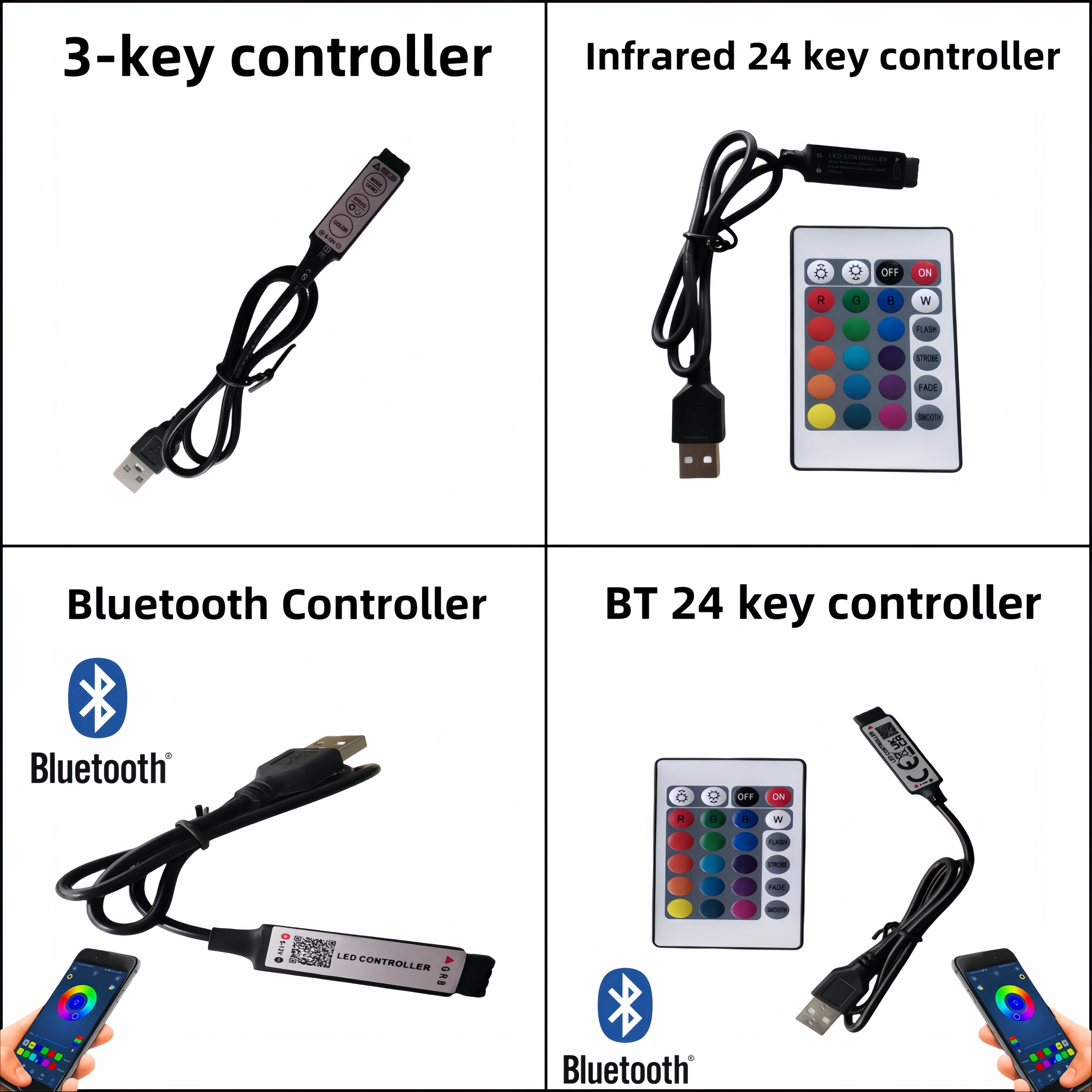 RGB Controller DC5v USB 5V BT 24 Keys RF Remote Wireless Controller for COB SMD 3528 5050 RGB Tape Lights