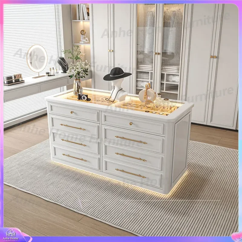 French Style Island Display Cabinet Jewelry Storage Showcase Retail Store Furniture Glass Counter Organizer for Necklace Ring