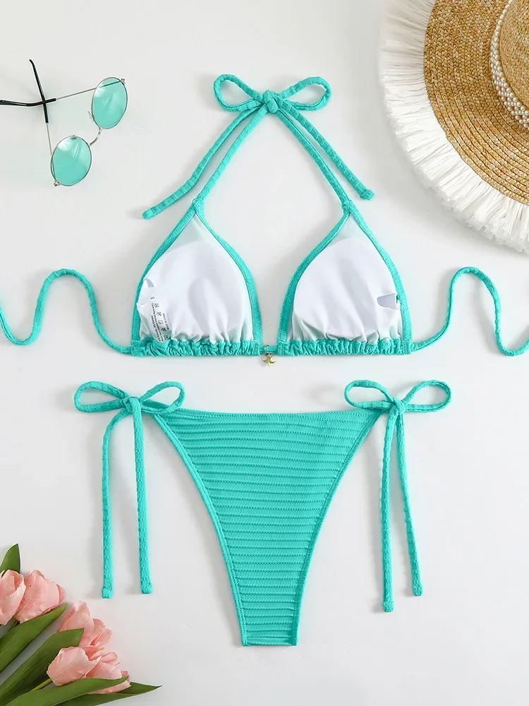 

UETEEY 2025 Новый летний купальник, комплект бикини, сексуальный комплект бикини со шнуровкой и открытой спиной, комплект из 2 предметов, женский однотонный купальник с разрезом, пляжное бикини