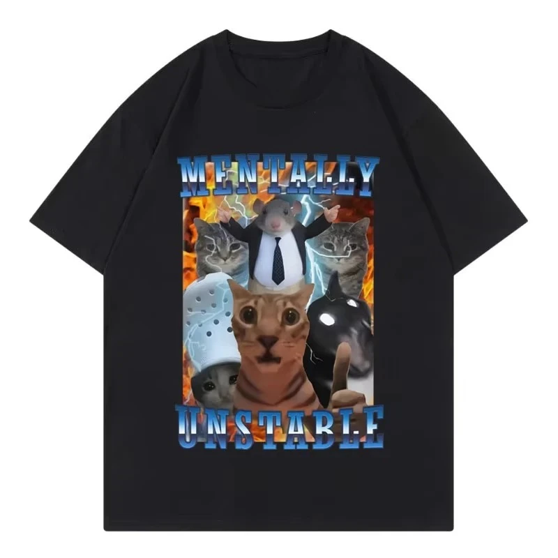 Vintage Mentally Unstable Funny Cat Meme T Shirt Women Clothing Fashion Y2k T-shirt Summer Casual T-shirts Streetwear Graphic