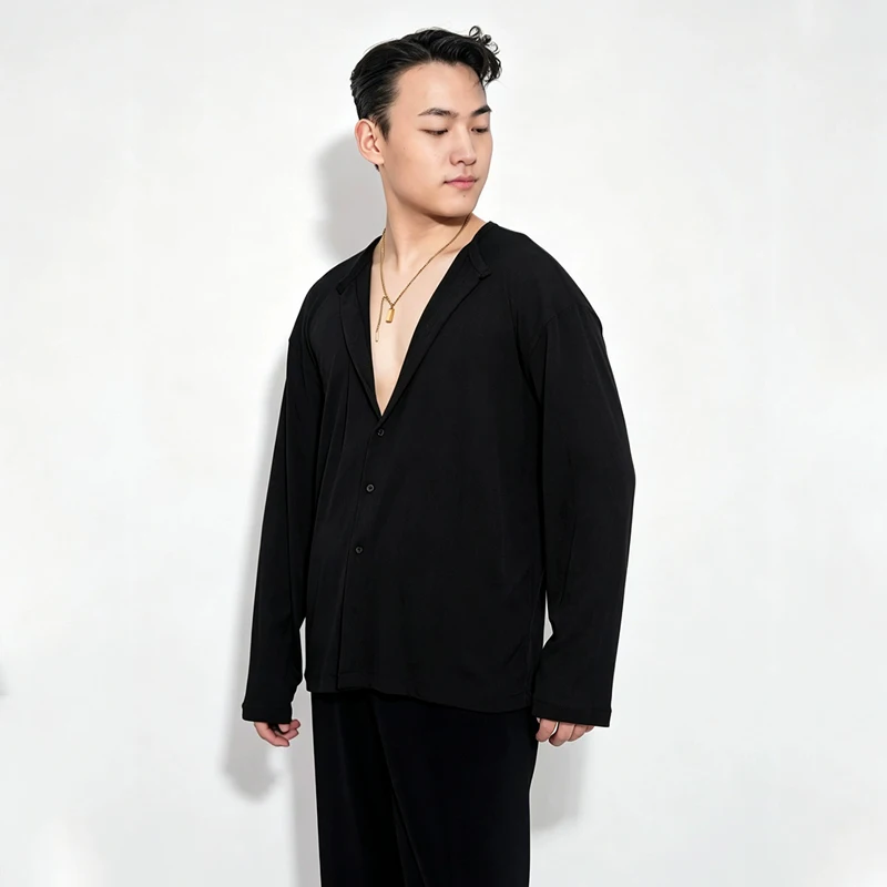 2026 New Latin Dance Tops For Men Long Sleeved Cardigan Shirts Rumba Chacha Ballroom Performance Costumes Latin Wear  DQS24660