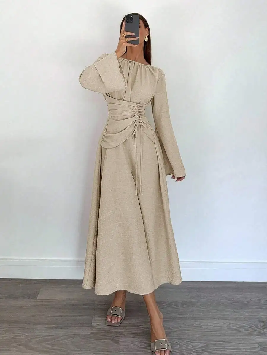 

Beige Long Sleeve Wrap Waist Midi Dress with Ruched Detail