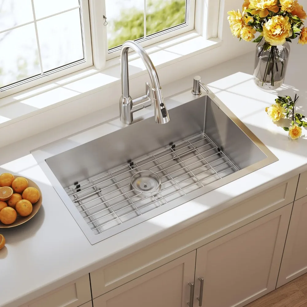 انخفاض في حوض المطبخ 33x22 Topmount 16 مقياس الفولاذ المقاوم للصدأ اليدوية وعاء واحد عميق فوق جبل المصارف 33x22x9 #1