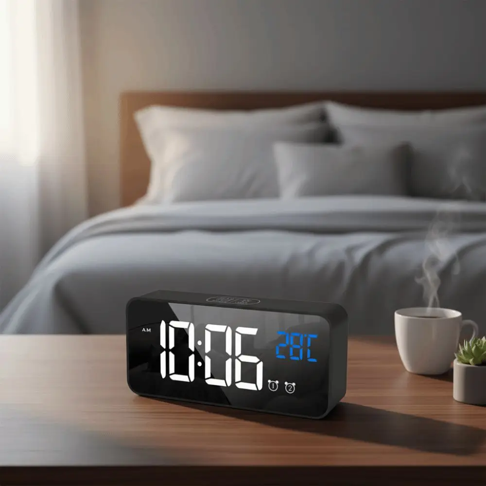 Mirror LED Digital Clock Voice Control Brightness Adjustment Music Alarm Clock Temperature Display Music Function Desk Clock
