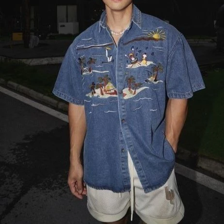 

Summer New Embroidered Denim Short-sleeved Shirt Shirt Loose American Retro Street Style T-shirt
