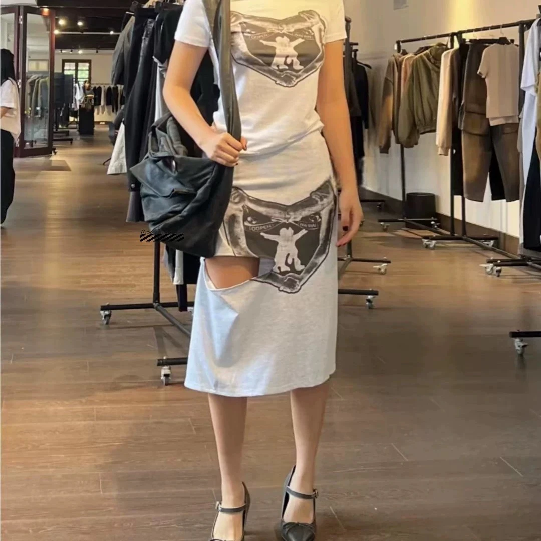 Korean Sle Heart aped Cut out Hole Tied Waist Straight Skirt mid Waist Design Cotton Blend Material Midi Skirt