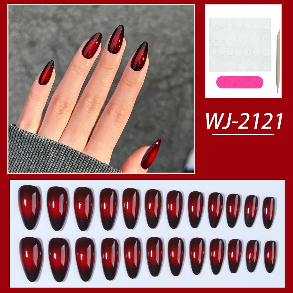 24pcs wine red almond nail, dyed red fake nail, full cover of solid color fake nail, press nail, suitable for women and girls da