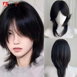 AOSI Short Mullet Head Wigs Synthetic With Bangs Straight Anime Men Black Gray Hair Wig For Daily Party Cosplay Lolita Wig