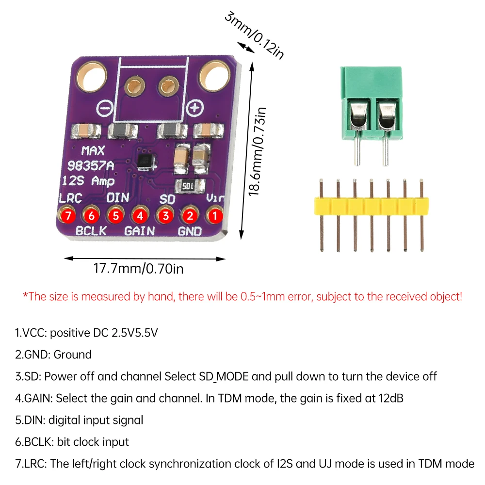 MAX98357 I2S Class D Amplifier Breakout Interface DAC Decoder Module 3/6/9/12/15dB Filterless Audio For Raspberry Pi ESP 32