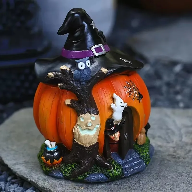 Halloween Pumpkin House Ornaments Witch Garden Statue Trick Figurine Desktop Living Room Porch Party Horror Decorations