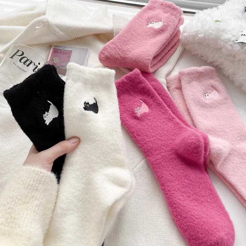 3 pairs Women Socks Wool Autumn Winter Warm Snow Markron Color Thick Plush Hairy Soft Postpartum Stockings Floor Sleep Socks view 2