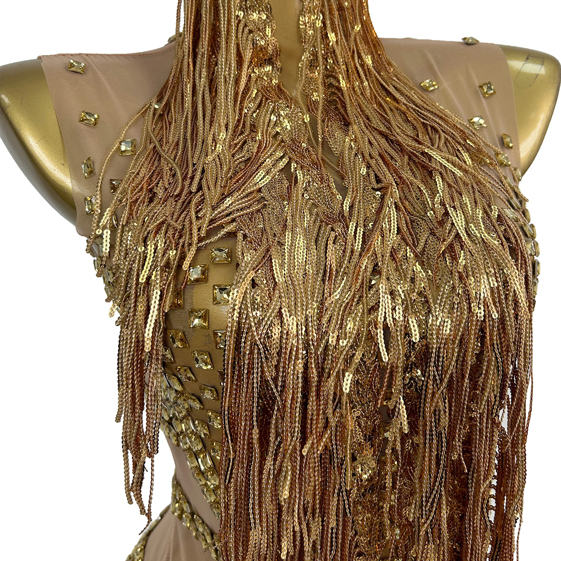 

Sparkly Gold Fringe Rhinestone Latin Dance Mini Dress Women Sexy Sleeveless Sheer Mesh Stage Performance Competition Outfit