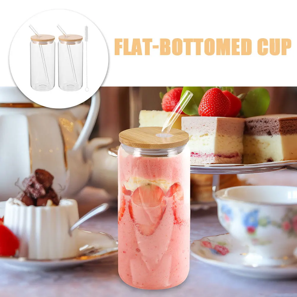 أكواب زجاجية مع غطاء وقش متعددة الأغراض كوب شاي مثلج من الخيزران والحليب وعاء عصير الماء صنعة ممتازة #2