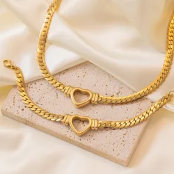 1 Set Stainless Steel Heart Necklace and Openwork Flat Snake Chain Love Charm Bracelet, Perfect Gift for Women's Daily Wear