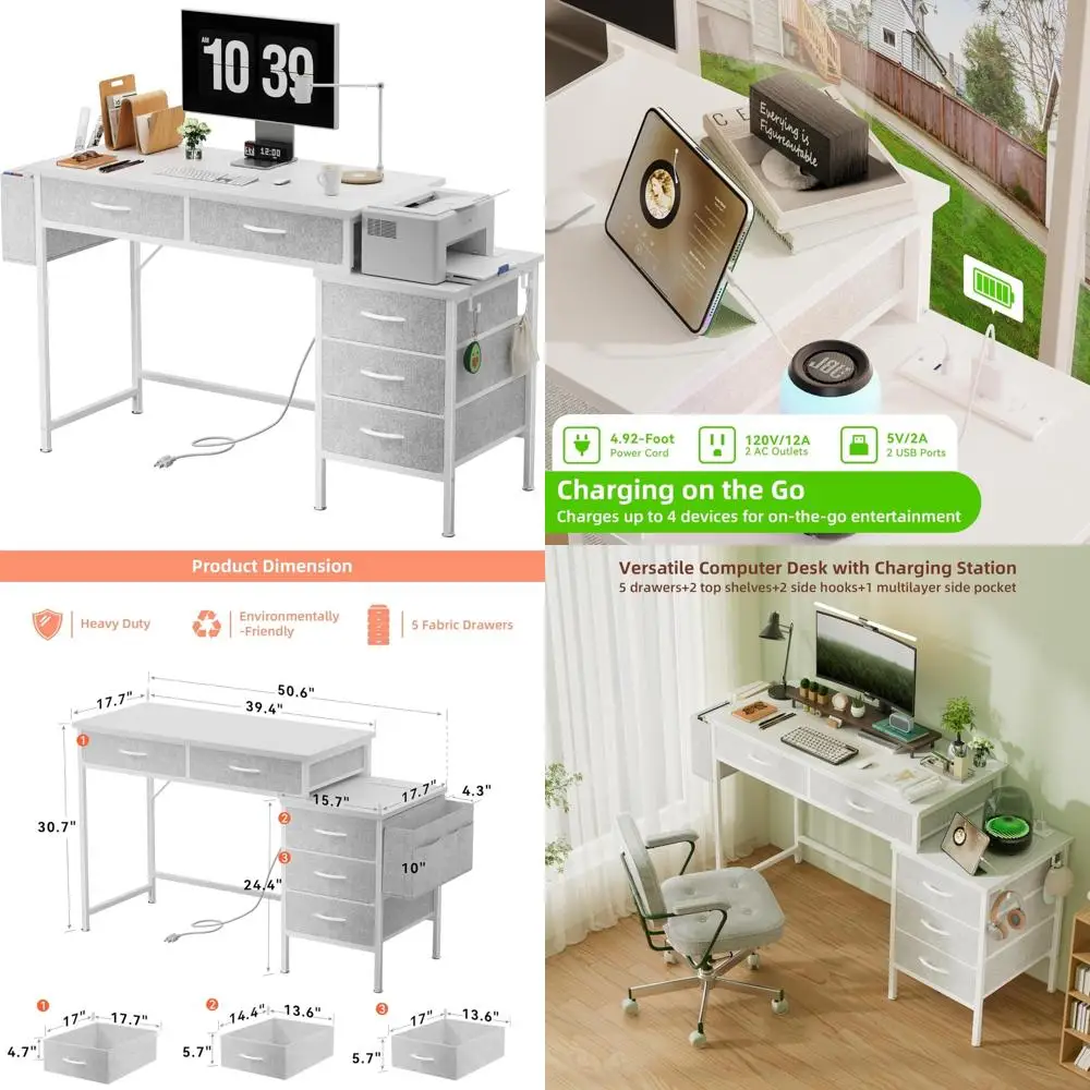 

Стол для домашнего офиса с зарядной станцией, ящиками, картотечным шкафом и подставкой для принтера