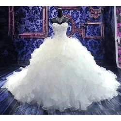 Ksdn vestido de baile branco sem mangas querida trem real organza rendas até apliques de cristal vestido de casamento de luxo robe de mariée 2024