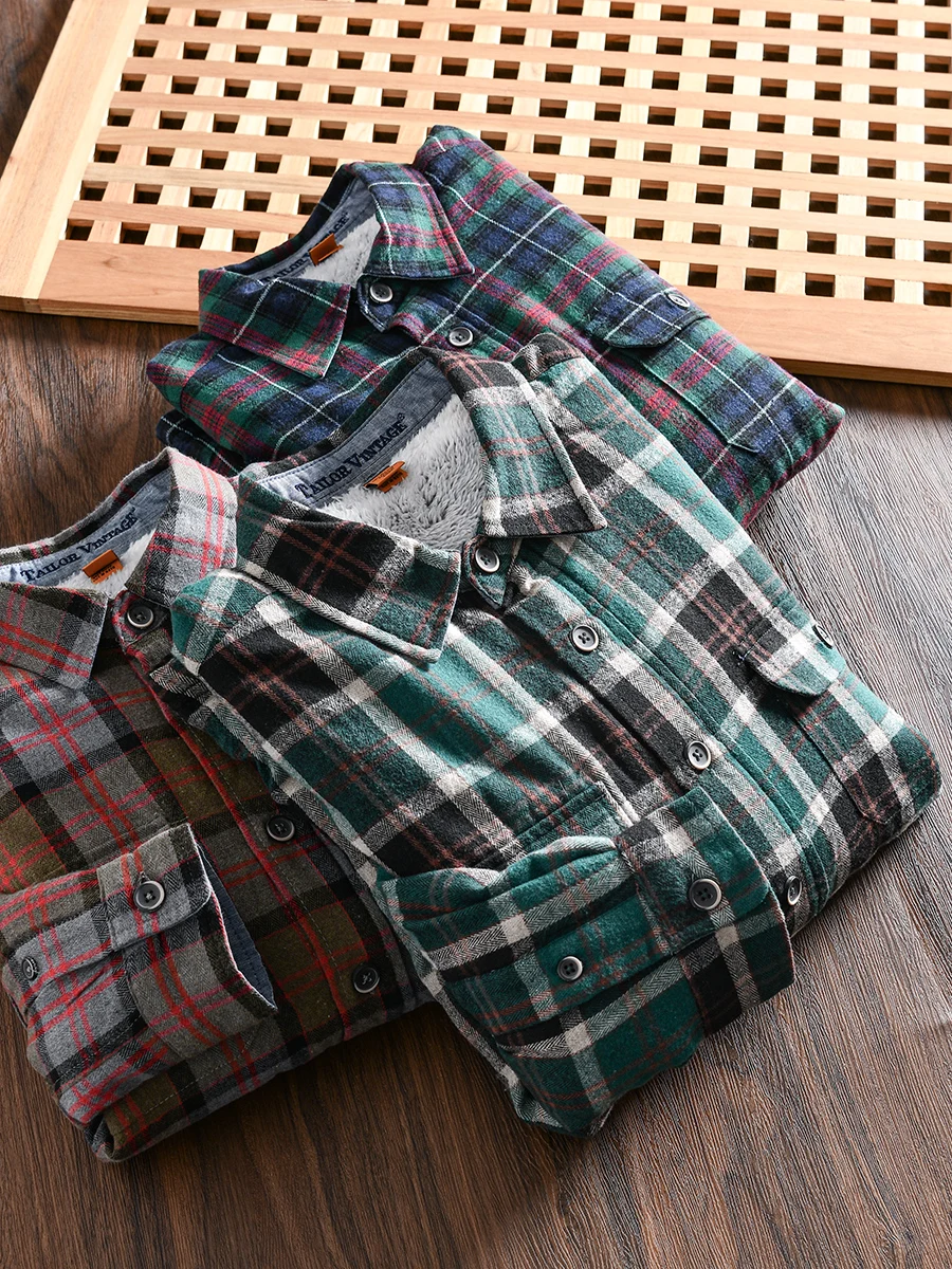 

Thickened Fleece Long Sleeve Men's Shirt Winter Warm Casual Plaid Workwear Standard Fit Youth Popular American Style Cotton P...