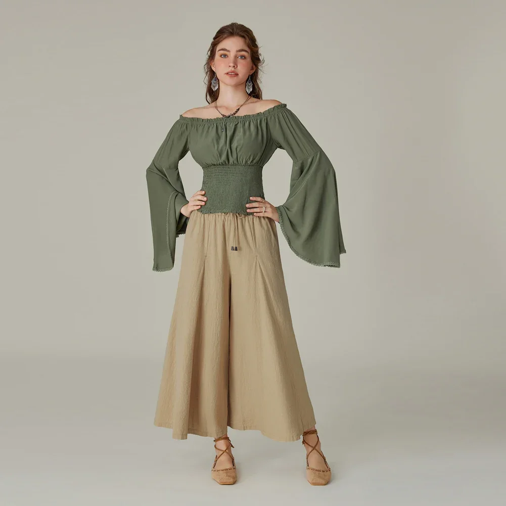 SD Fashionable Women\'s Renaissance Wide Leg Pants Drawstring Waist Open Side Seam Pockets Ankle Length Cotton Palazzo Pants