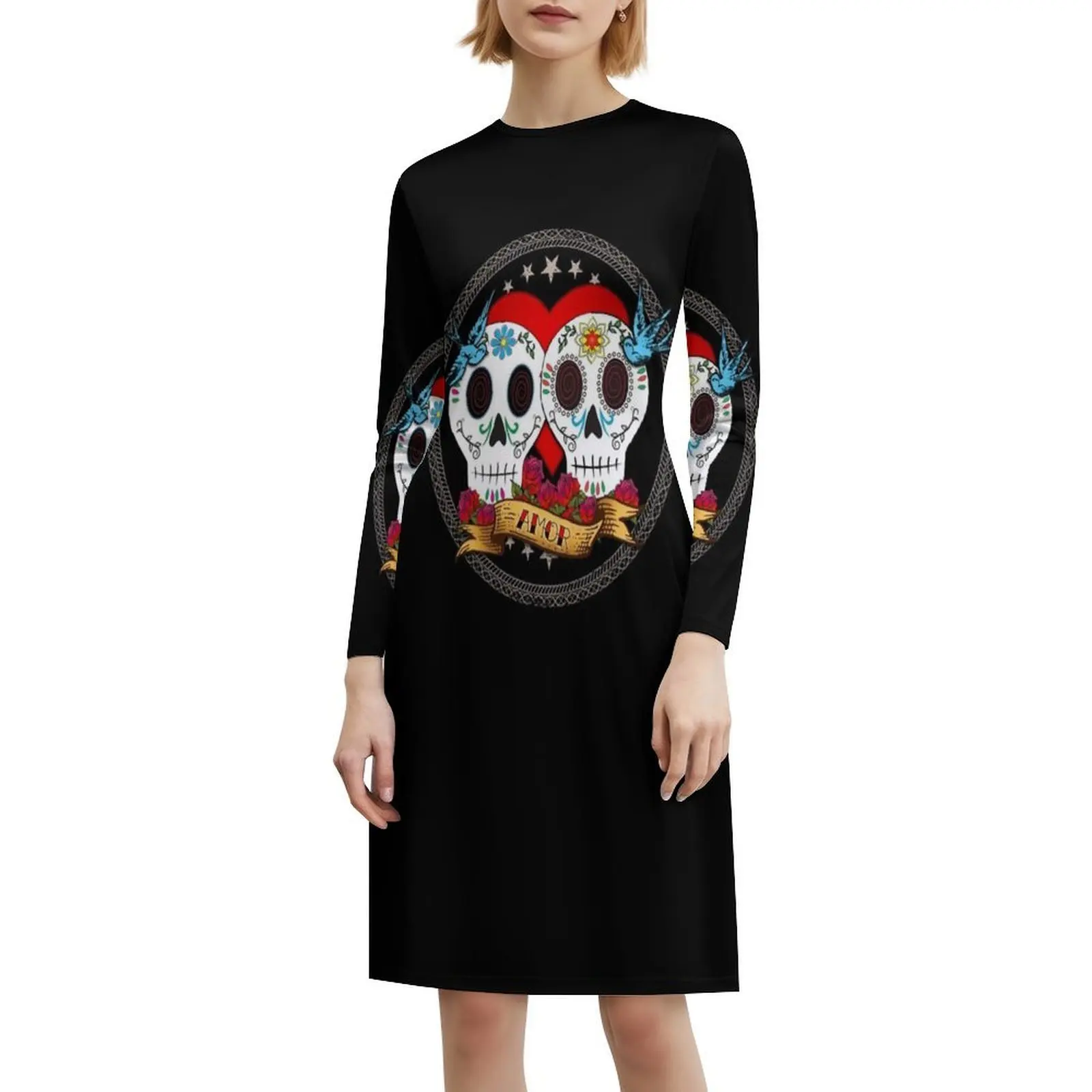 الحب الجماجم فستان بفتحة عنق على شكل قلب أنيق الصيف فستان الحفلات للنساء يوم الموتى ضياء دي لوس Muertos فستان المرأة #6