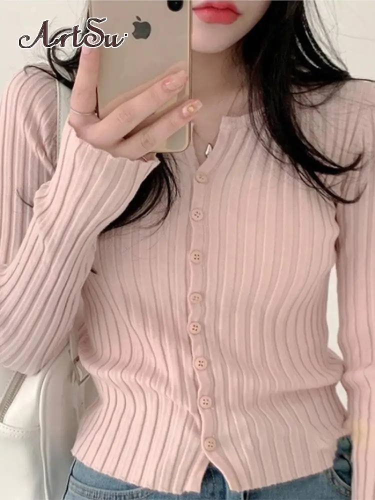 Artsu Knitwears Crop Top Solid Cardigan Kawaii Pink Full Sleeve Skinny T Shirt Korean Fashion Casual Button Up Tops ASTS86358