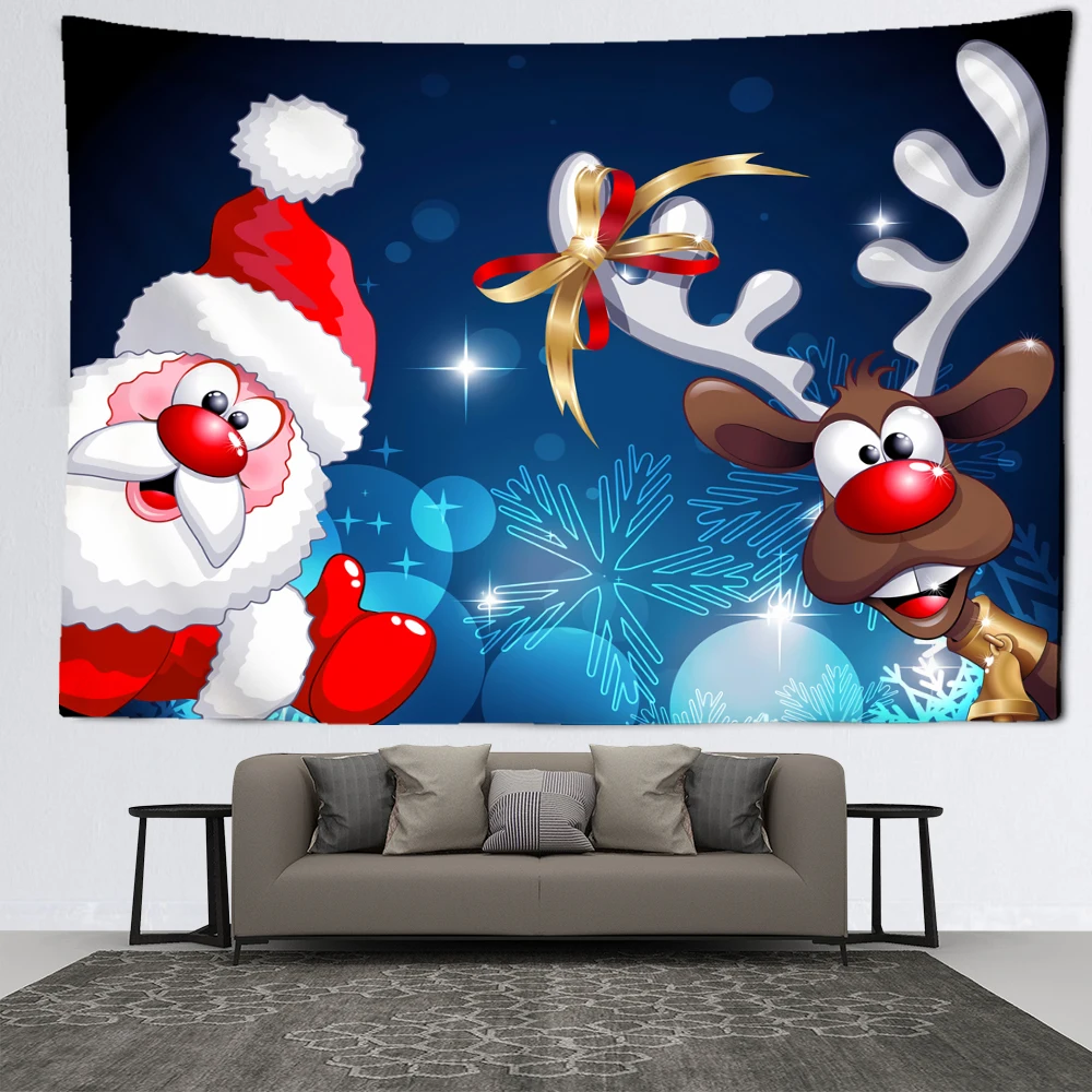 Cartoon Santa Claus and Elk Tapestry Wall Hanging Blue Snowflake Christmas Art Style Bedroom Living Room Home Decor