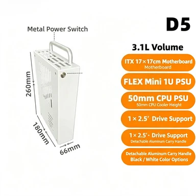 D5 D6 D8 Metal A4‑Sized Mini ITX Computer Case, For On‑Board GPU, Small 1U Power Supply, Hand‑held Portable Chassis