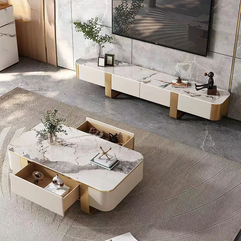Modern Design Luxury Wooden Tv Stand and Coffee Table Set Home Furniture Living Room White Slate Top Center Coffee Table