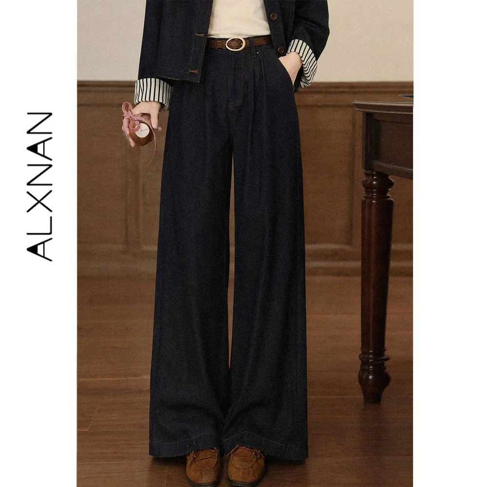 ALXNAN Vintage Blue Jeans Women 2026 Vintage Loose-fit Wide-leg Straight Casual Pants Long Baggy Denim Pants Female L681186A