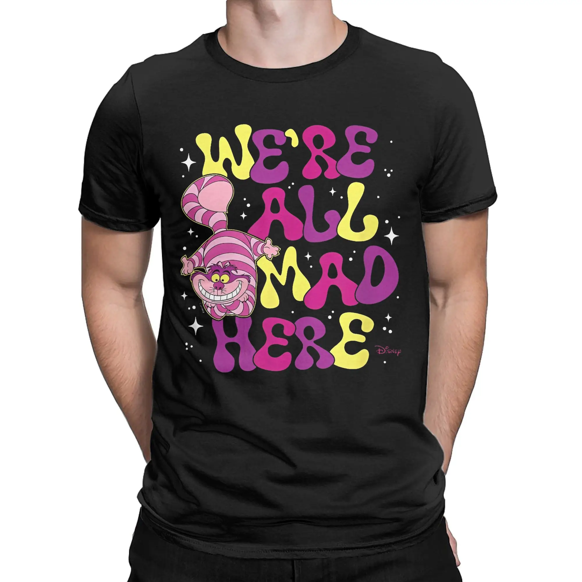 Novelty Alice in Wonderland Cheshire Cat T-Shirt Men Crewneck Pure Cotton T Shirt We're All Mad Here Short Sleeve Tee Clothes