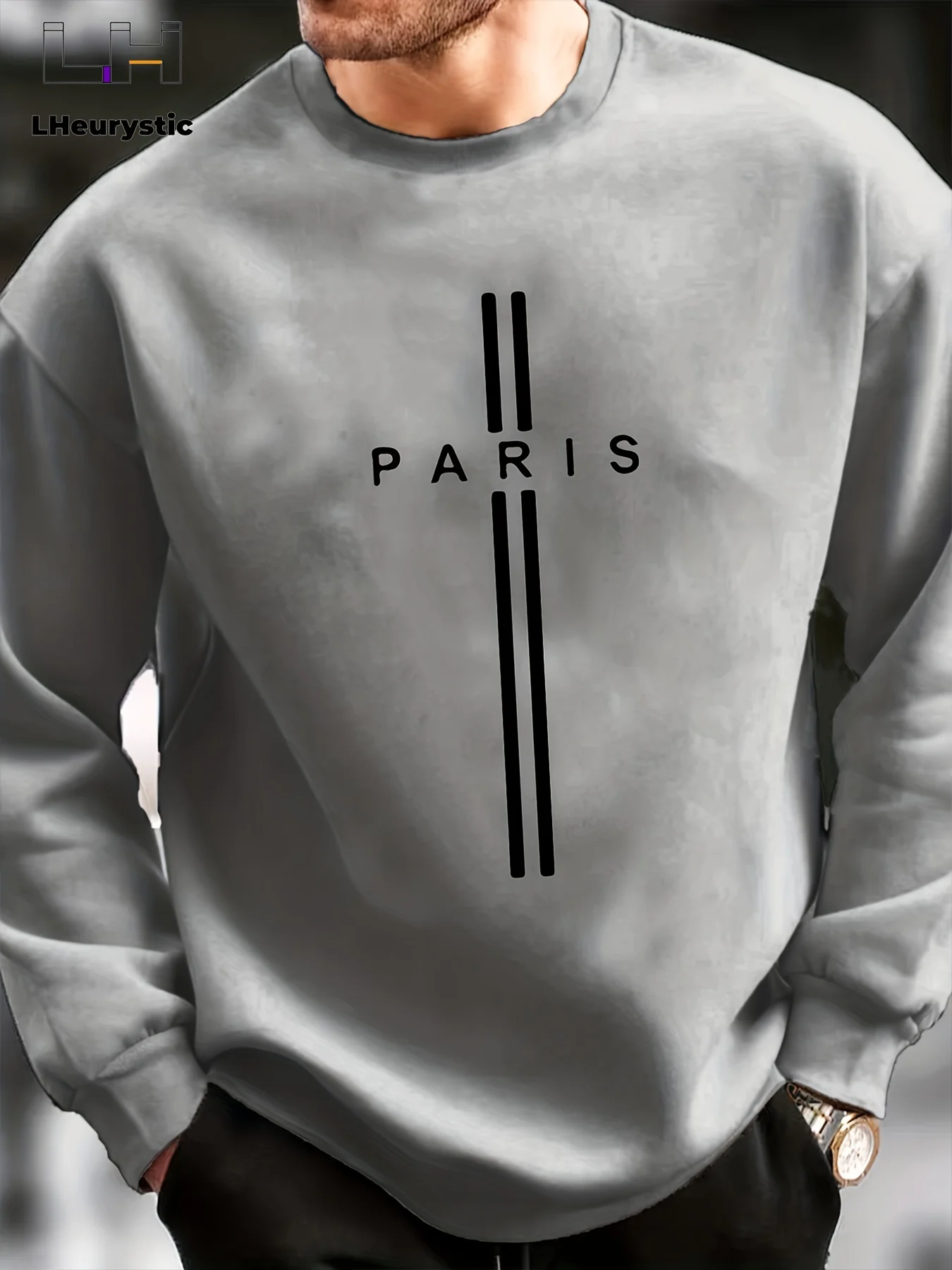 Men\'s autumn and winter casual sports loose oversized Paris print with fleece warm pullover round neck long sleeved sweatshirt