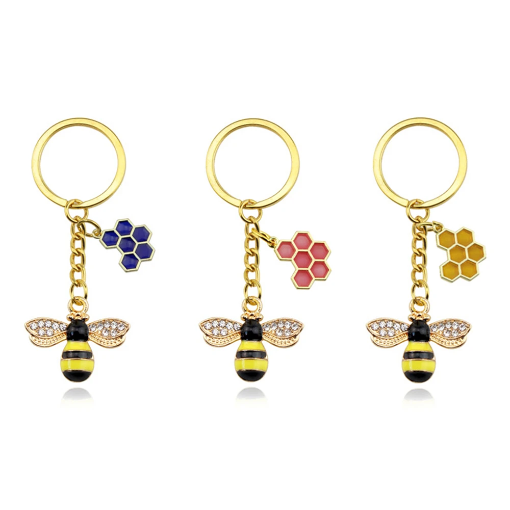 Cute Animal Bee Key Chain Colorful Honeycomb Key Ring Souvenir Gifts For Women Men Handbag Accessories Jewelry