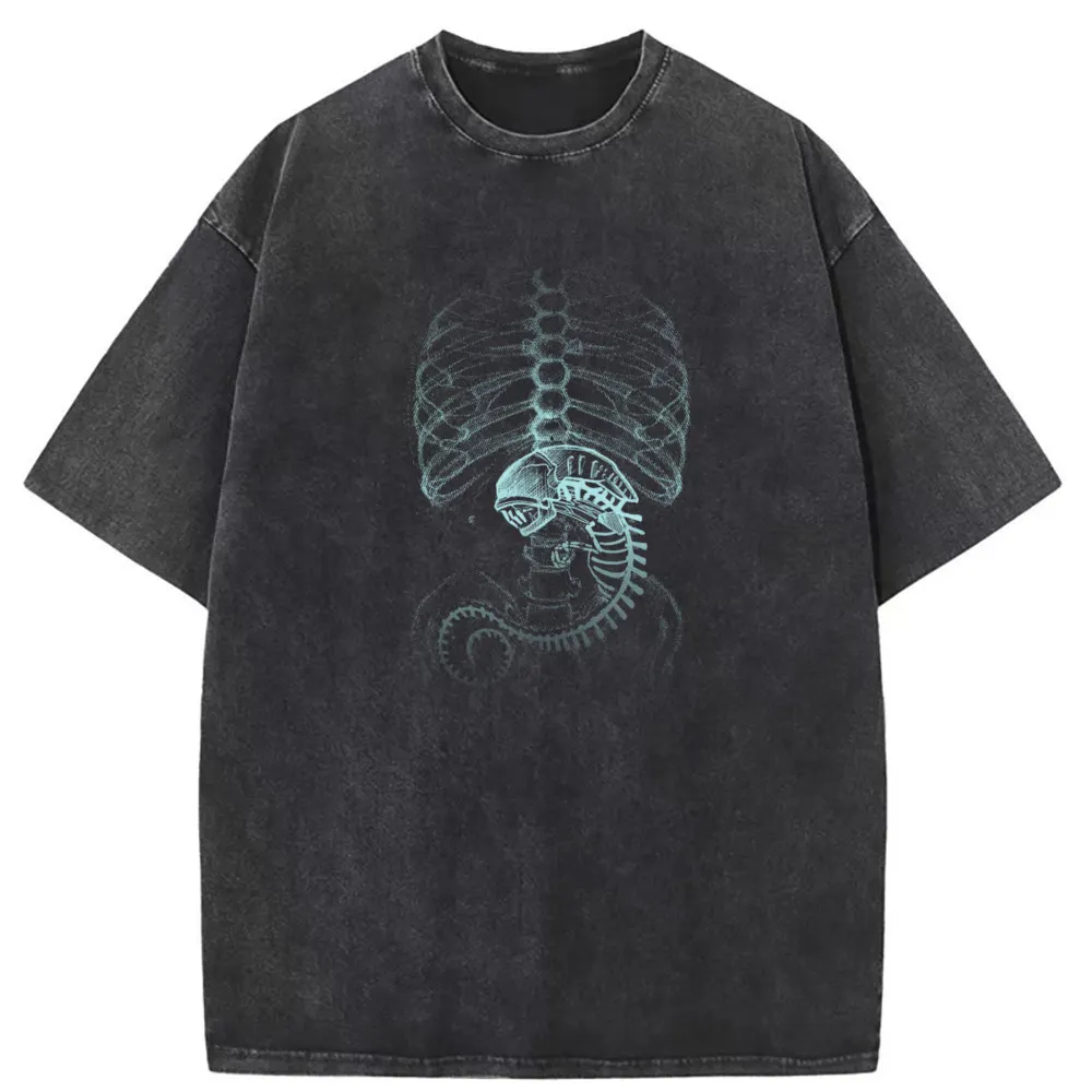 Veintre Alien Plain Tee Shirt Skull Skeleton Long Sleeve England Sweatshirts Men Washed Tshirt Printed Cool T Shirt Halloween