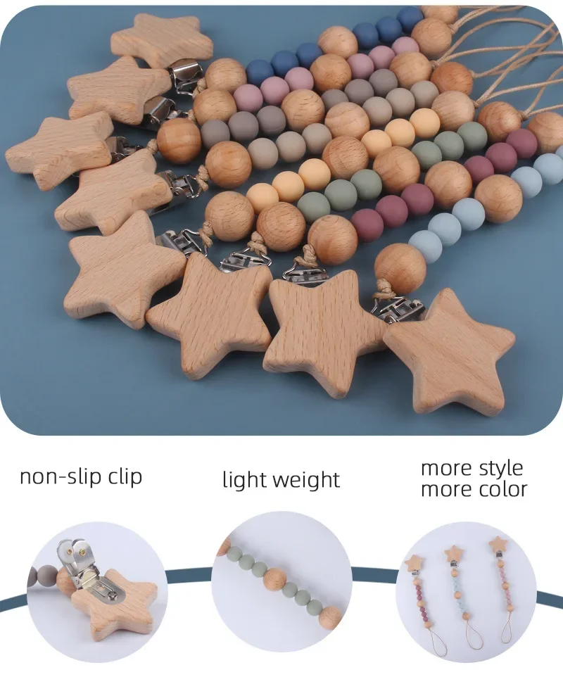 Custom Name Wooden Personalized Baby Pacifier Chain Silicone Bead Dummy Nipple Holder Guard Teether Pendant  Newborn