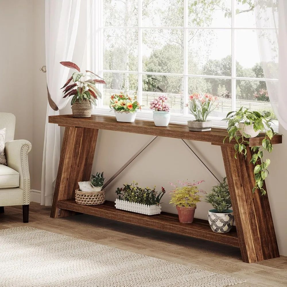 طاولة أريكة طويلة جدًا مقاس 70.9 بوصة مع مساحة تخزين لخلف الأريكة، وطاولة وحدة تحكم على الطراز الصناعي لمدخل المدخل والمعيشة #5