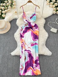 Foamlina Women Dress Summer Sexy Tie Dye Print Sleeveless Slip Maxi Dress 2024 Elegant Slim Bodycon Beach Party Long Dress Robe