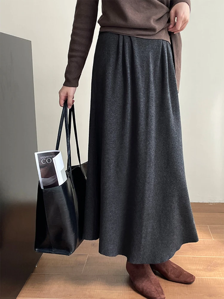 [LANMREM] Minimalism Knitting Skirts For Women Elastic High Waist A-line Mid-length Office Lady Skirt 2024 Autumn New 26C739