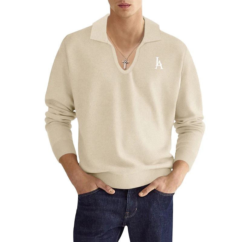 Fall 2024 Men's Fashion Slim Fit Long sleeved Waffle Solid casual T-shirt with a V-neck for breathability and coolness