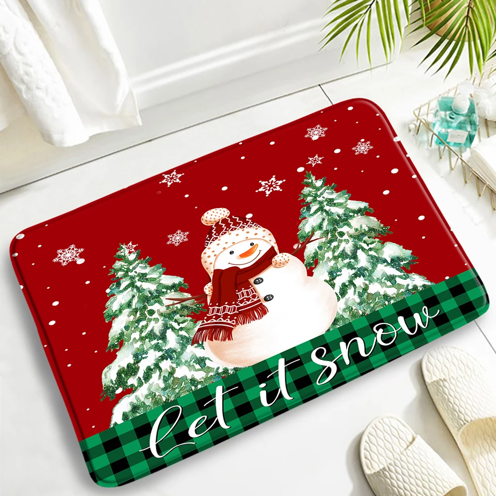 Christmas Bath Mat Set Funny Cartoon Snowman Rope Ball Pine Branch Red Xmas New Year Home Bathroom Decor Non-Slip Rug Toilet Lid