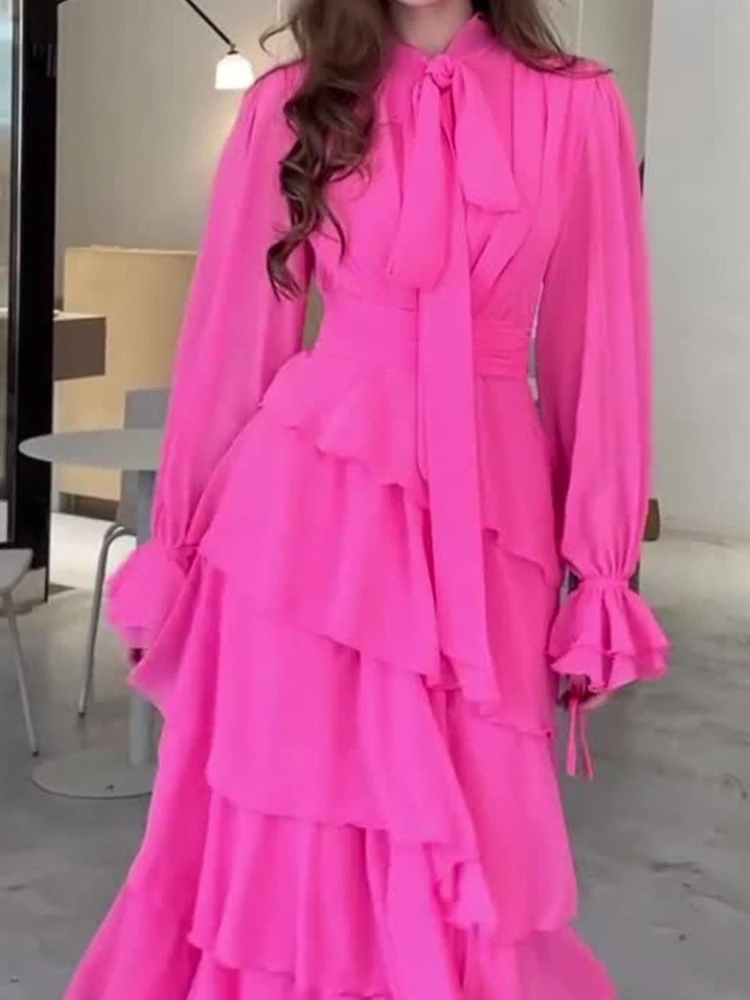 New in Summer Fashion  Generous  Lotus Leaf Edge Splicing Princess Style Chiffon Design Sense Half High Neck Long Dresses