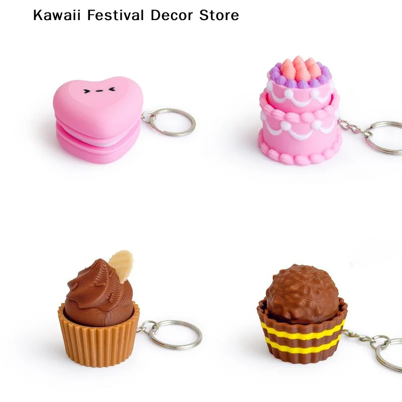 【K】3D Printed Foods Clicker Keychain Simulation Cake Chocolate Clicker Pendant Decompress Keyring Bag Hanging Stress Relief Toy