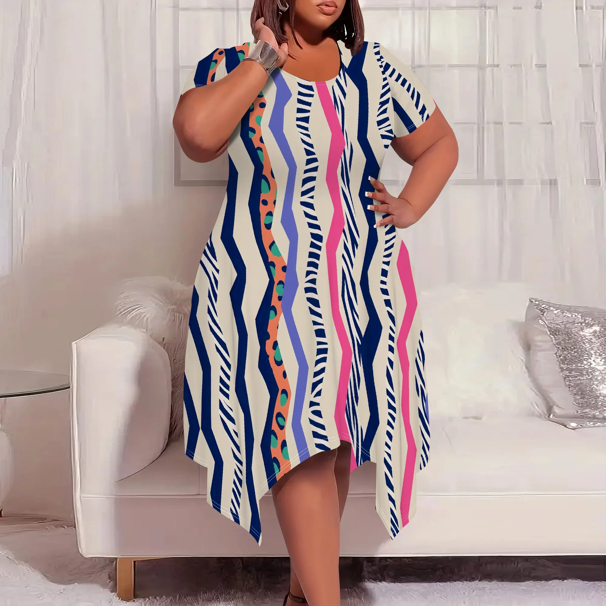 

Plus Size XL-6XL Summer Dress for Women - Geometric Leopard Print Asymmetric Hem, Casual Vacation Party Look