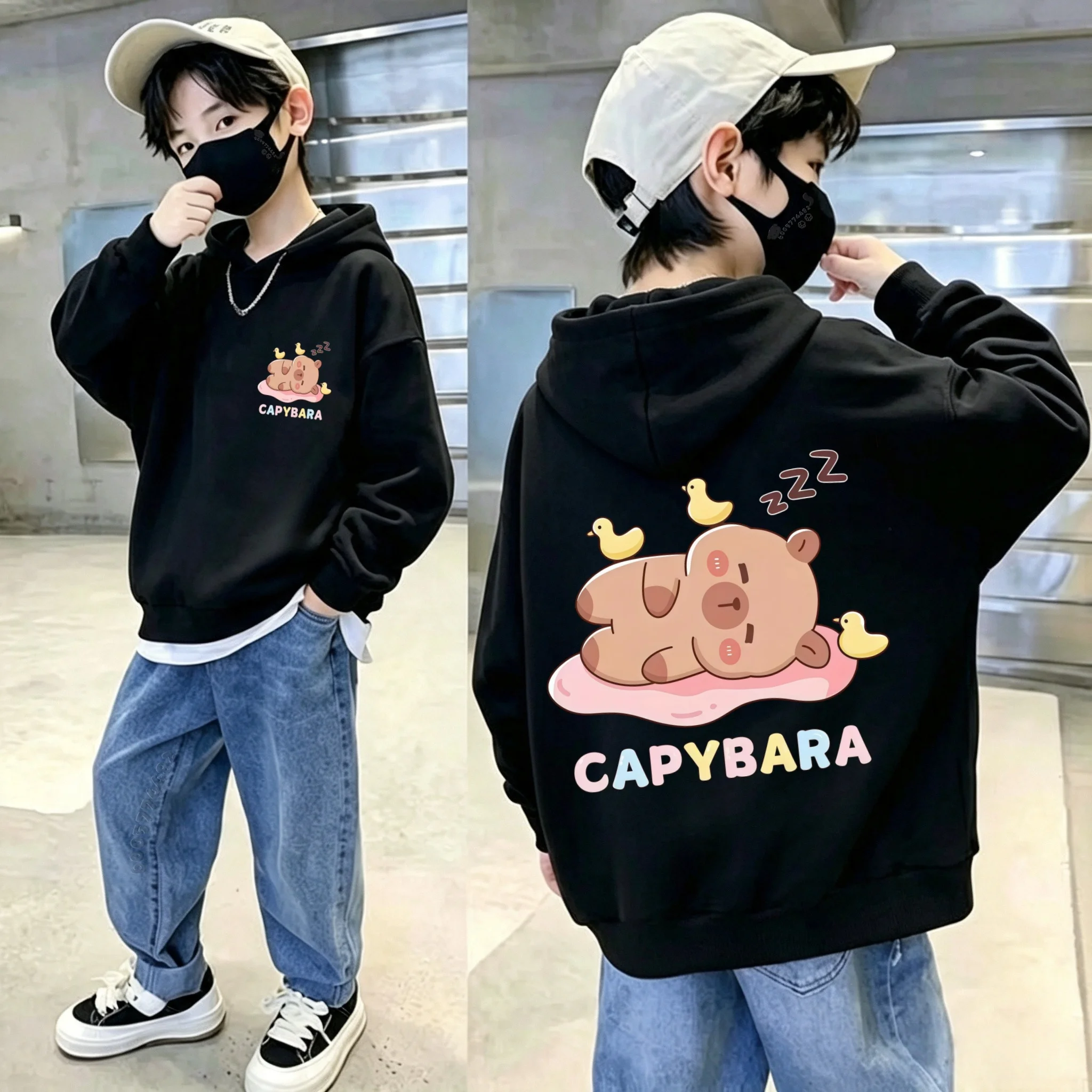 Autumn/Winter Cute Snuggle Pouch Hamster and Duck Pattern Children's Hooded Loose-Fitting Casual Shirt