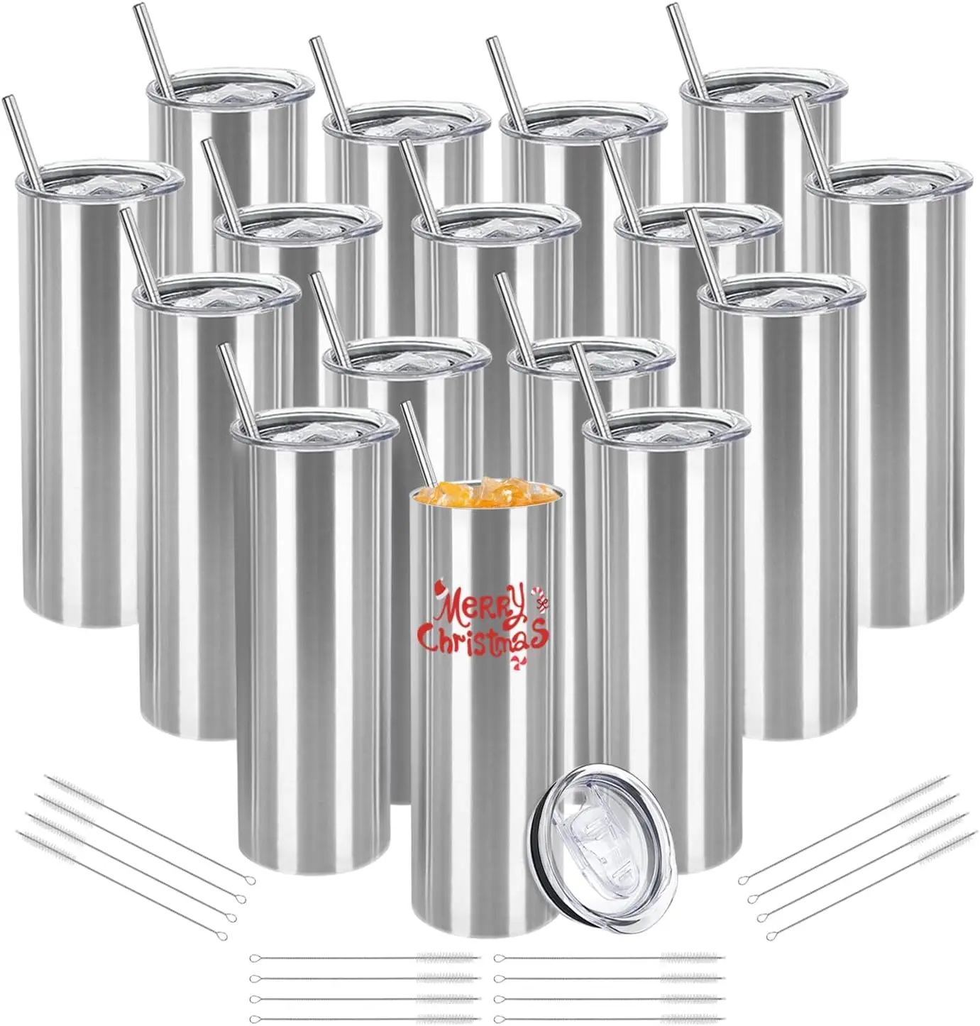 

16 Pack Stainless Steel Insulated Tumblers with Lids & Straws, Double Wall Vacuum, 20oz Silver for DIY Gifts