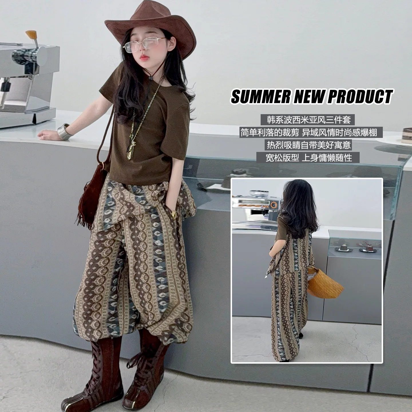 

Classical Fashion Girls Summer 3-Piece Set Sleeveless Vest And Pants Outfit Princess Style Bohemian Style Wear for Ages 6-14Y