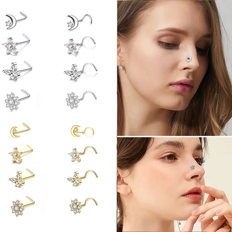 8Pcs 20G Stainless Steel Nose Rings for Women, Nose Rings Hoops L Shaped Nose Studs Screw Nose Piercing Jewelry for Women Men